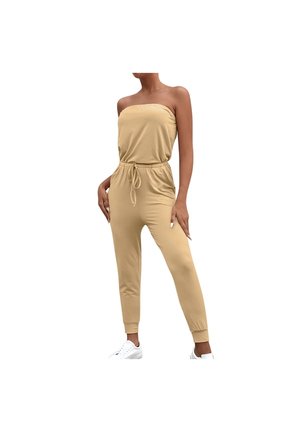 Women’s Summer Solid Tube Top Jumpsuit Strapless Bandeau Cold Shoulder Rompers Drawstring Elasitic Waist Long Playsuits
