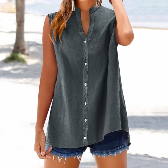 Women's Summer Solid Turn-Down Tank Top Sleeveless Casual Blouse