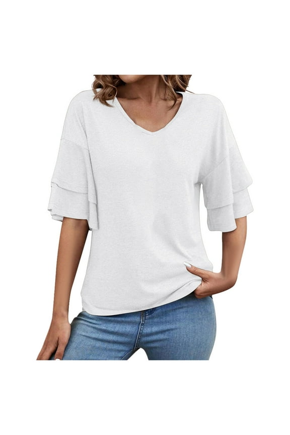 Women's Summer Solid V Neck Tee Double Layer Flared Mid Sleeve - Casual Loose Fit Blouse