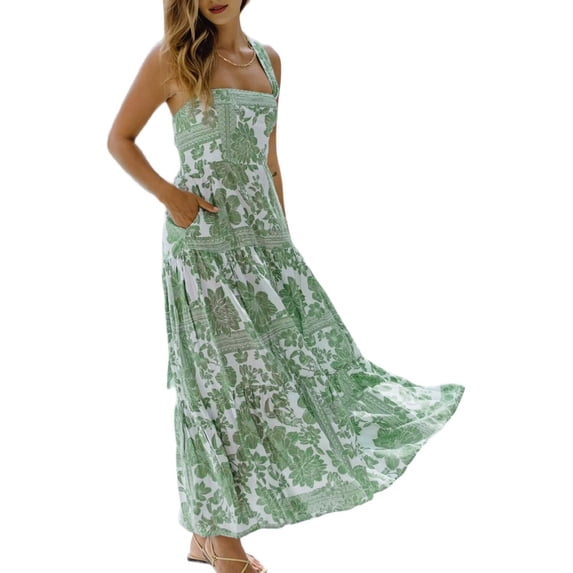 Women's Summer Spaghetti Strap Flowy Maxi Dress Boho Floral Ruffle Long Vacation Beach Dresses Green S (Linen Casual Dresses for Women)