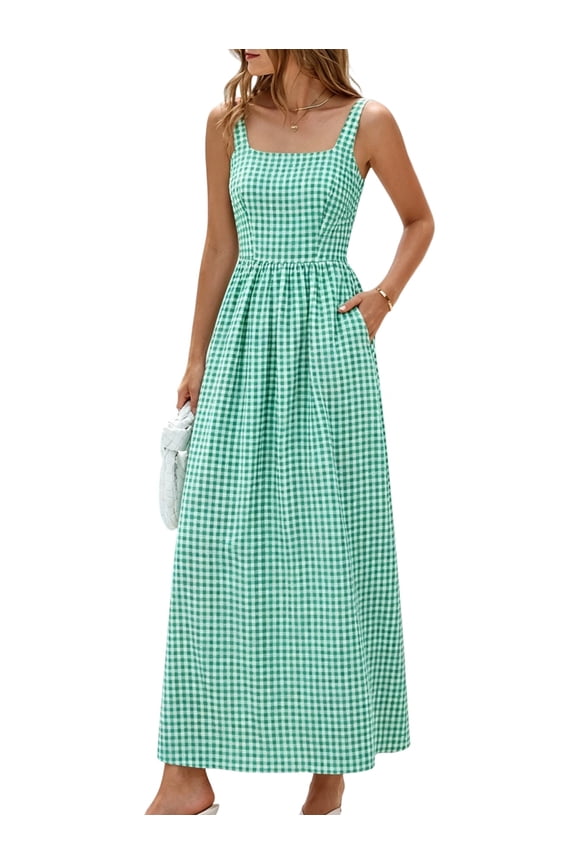 Women's Summer Spaghetti Strap Maxi Dresses Plaid Square Neck A Line Casual Vacation Long Sundress Green S