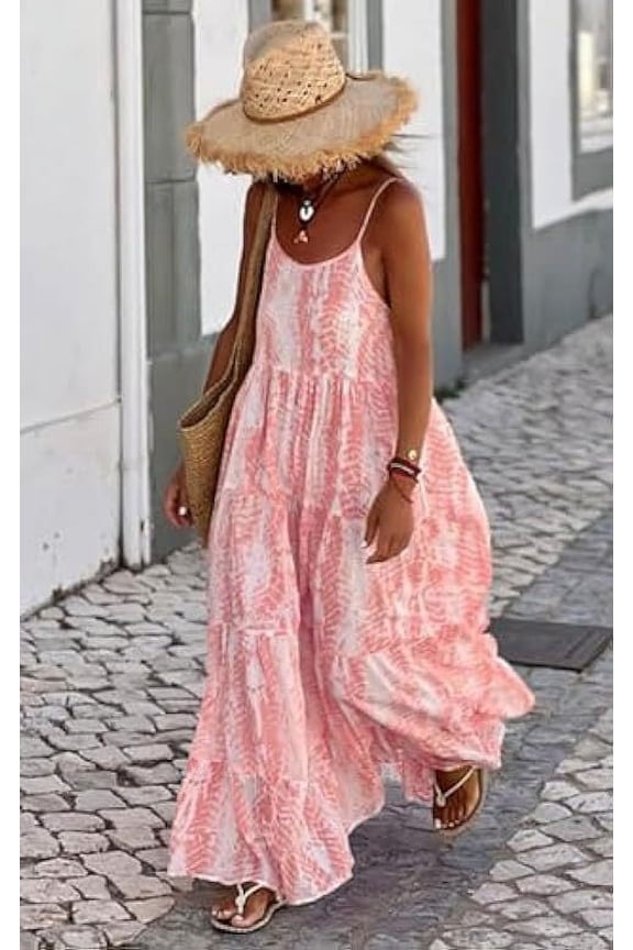 Women's Summer Spaghetti Strap Maxi Sundress - Scoop Neck, Flowy Boho Style for Casual Vacation Wear