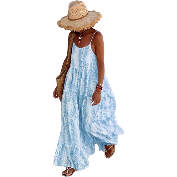 Women's Summer Spaghetti Strap Maxi Sundress - Scoop Neck, Flowy Boho Style for Casual Vacation Wear