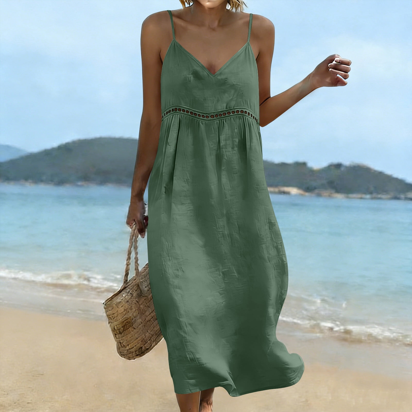 spaghetti strap linen midi dress Spaghetti Straps Dress Linen Midi with Pockets