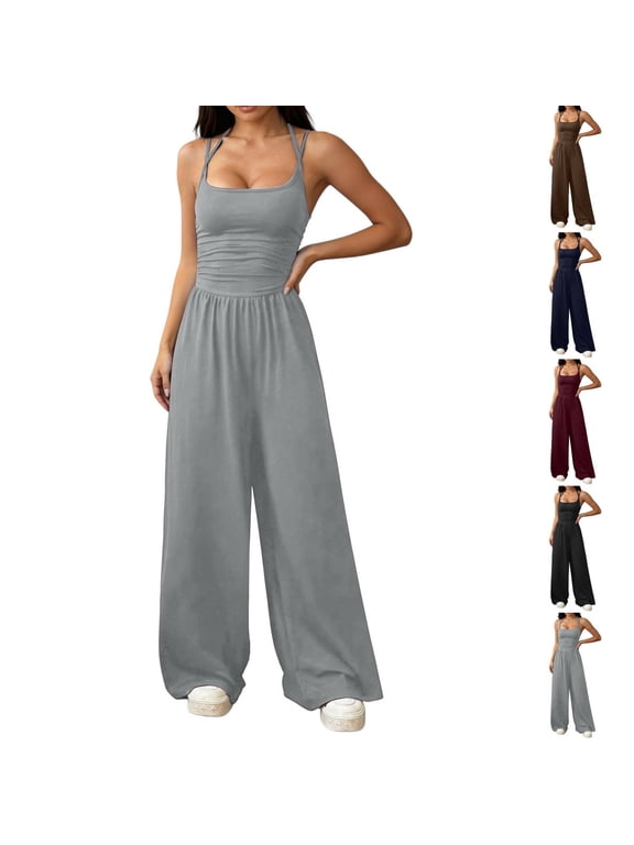 Women's Summer Spaghetti Strap Sleeveless Jumpsuit Wide Leg Baggy