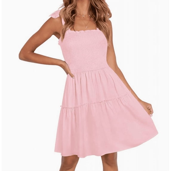 Women's Summer Spaghetti Strap Sleeveless Square Neck Ruffle A Line Swing Mini Dress