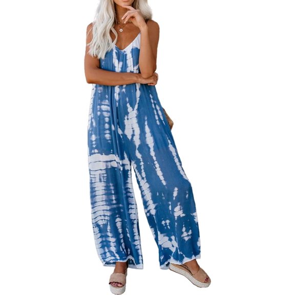 Women's Summer Spaghetti Strap Tie Dye Jumpsuit Boho Wide Leg Casual Loose Fit with Pockets Beach Vacation Outfits