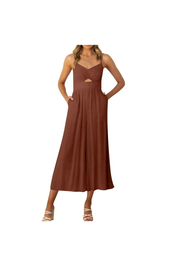 Women's Summer Spaghetti Straps V Neck Cutout Smocked High Waist Cropped Wide Leg Jumpsuits Rompers with Pockets