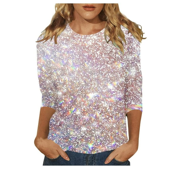 Women's Summer Sparkle Sequin Tshirt 3/4 Sleeve Casual Crew Neck Dressy Blouses Trendy 2025 Loose Fit Floral Pullover Tops