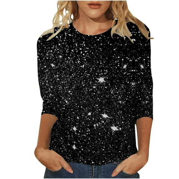 Women's Summer Sparkle Sequin Tshirt 3/4 Sleeve Casual Crew Neck Dressy Blouses Trendy 2025 Loose Fit Floral Pullover Tops