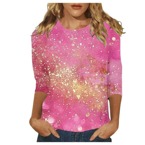 Women's Summer Sparkle Sequin Tshirt 3/4 Sleeve Casual Crew Neck Dressy Blouses Trendy 2025 Loose Fit Floral Pullover Tops