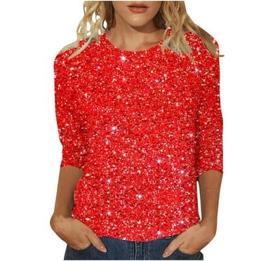 Women's Summer Sparkle Sequin Tshirt 3/4 Sleeve Casual Crew Neck Dressy Blouses Trendy 2025 Loose Fit Floral Pullover Tops