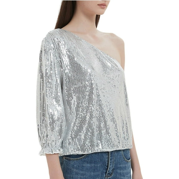 Women's Summer Sparkle Sequins One Shoulder Top Blouse Cocktail Casual Glitter Sequined T-Shirt Tops- Medium,Silver
