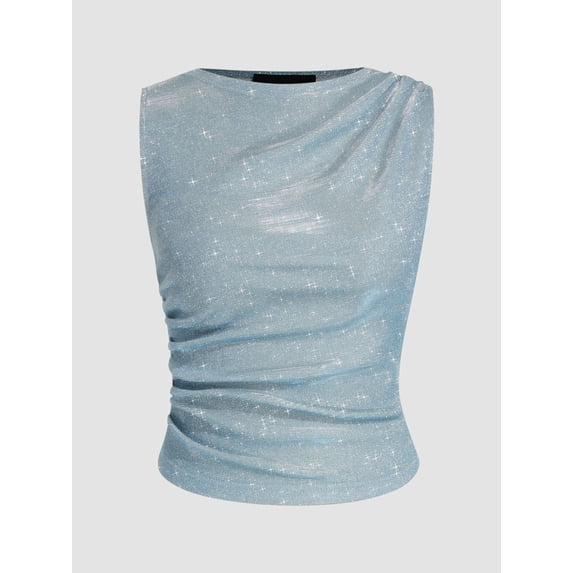 Women's Summer Sparkle Sequins Tank Top Crew Neck Ruched Asymmetrical Glitter Cami Streetwear
