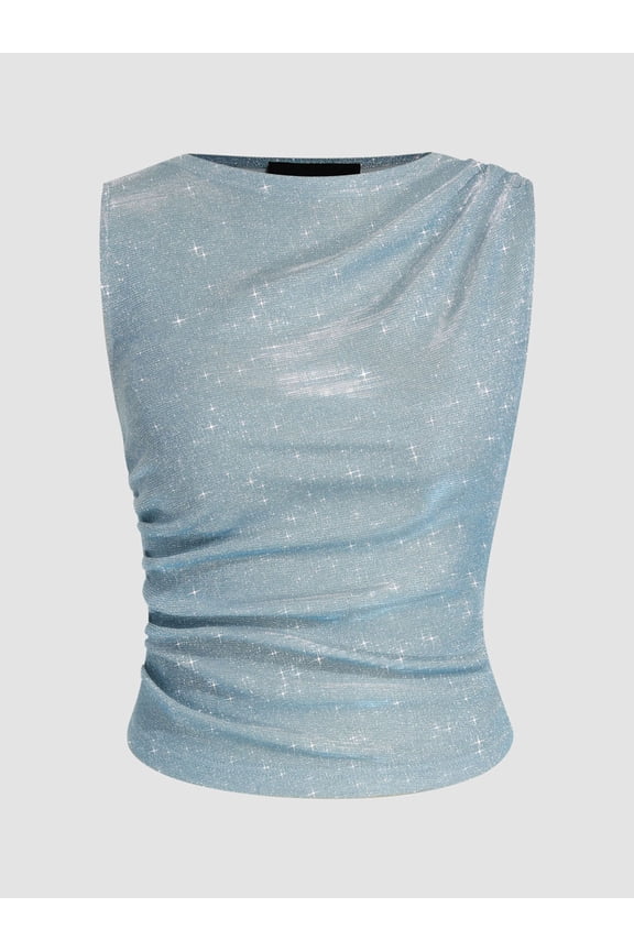 Women's Summer Sparkle Sequins Tank Top Crew Neck Ruched Asymmetrical Glitter Cami Streetwear