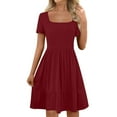 thumbnail image 1 of Women's Summer Square Neck Dress Plus Size Cute Short Sleeve High Waist Dresses A-Line Swing Ruffle Dress Dance Wine, XL, 1 of 6