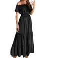 thumbnail image 1 of Women's Summer Square Neck Short Puff Sleeve Casual Smocked Flowy A Line Tiered Split Midi Dress, 1 of 5