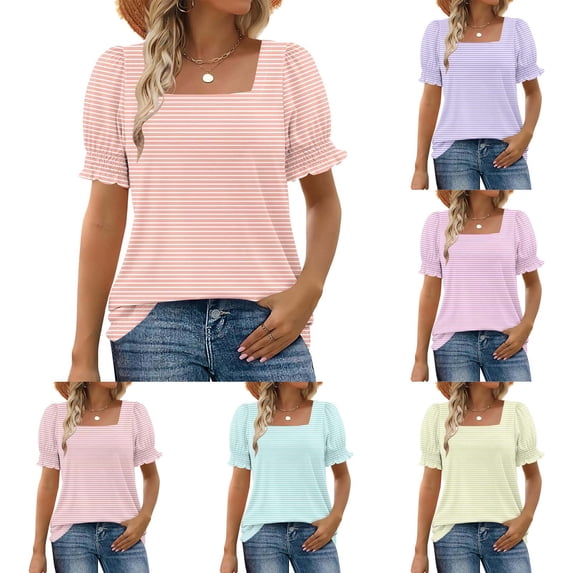 Women's Summer Square Neck Short Sleeve T-Shirt Tops Blouses Tees Casual Loose Fit Solid Color Soft Basic Fashion Essential for Daily Wear Work Office Vacation | CSEONE,Yellow XL