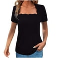 thumbnail image 1 of Women's Summer Square Neck Short Sleeve T Shirts Ribbed Knit Slim Fit Scallop Trendy Basic Top, 1 of 5