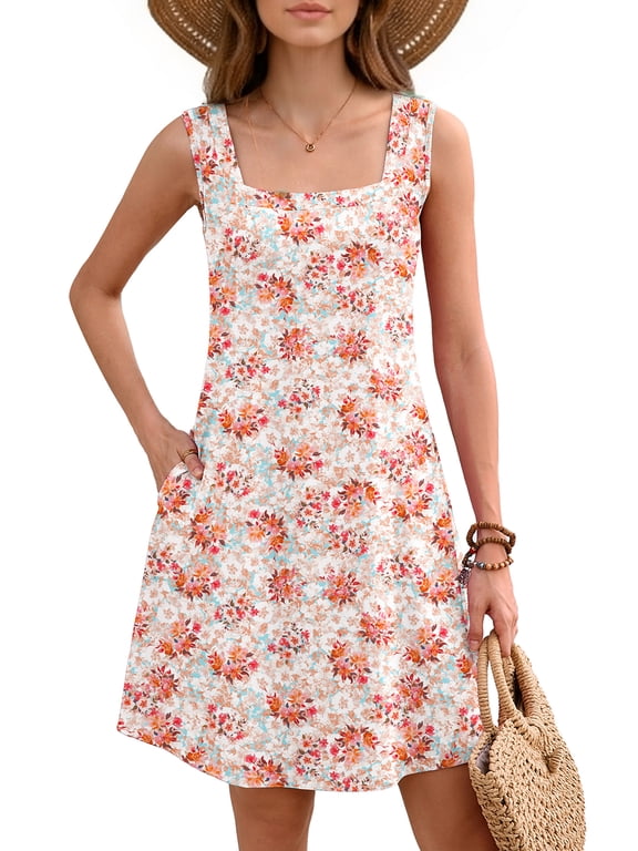 Women's Summer Square Neck Sleeveless Dress with Pockets, Floral Casual A-Line Mini Sundress, Beach Vacation Tank Dress, Size L