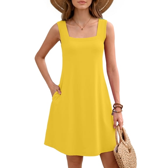 Women's Summer Square Neck Sleeveless Dress with Pockets, Yellow Casual A-Line Mini Sundress, Beach Vacation Tank Dress, Size L