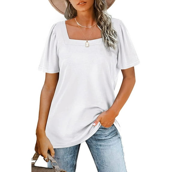 Women's Summer Square Neck Tops Solid Color Striped Print Short Sleeve T-Shirt Short Sleeve Puffy Loose Blouses Clothing