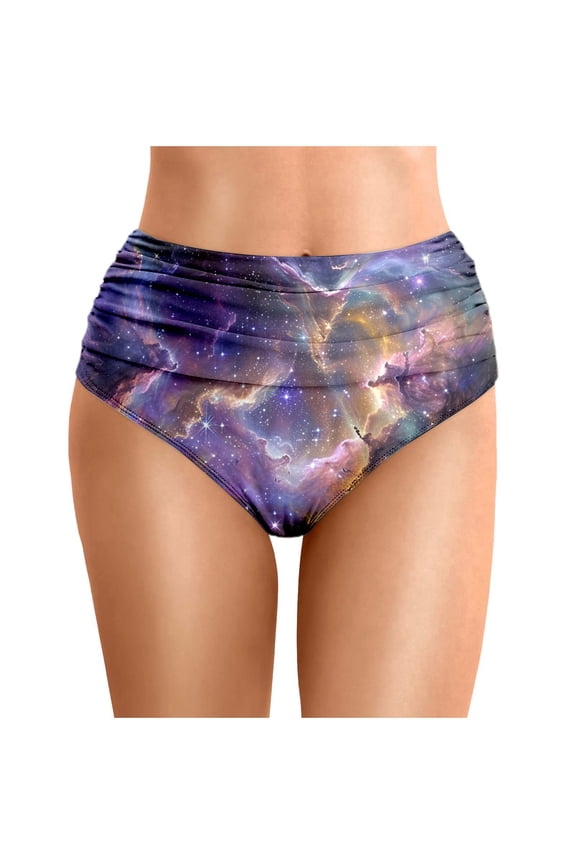 Women's Summer Starry Sky Printed Waist Length Pleated Beach Double Layered Triangle Swim Trunks