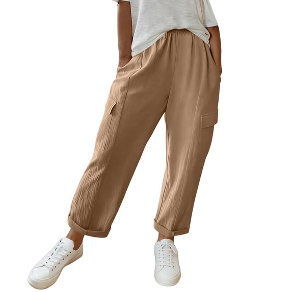 Women's Summer Straight Pants Loose Elastic Waist Casual Trousers Pants with Pockets