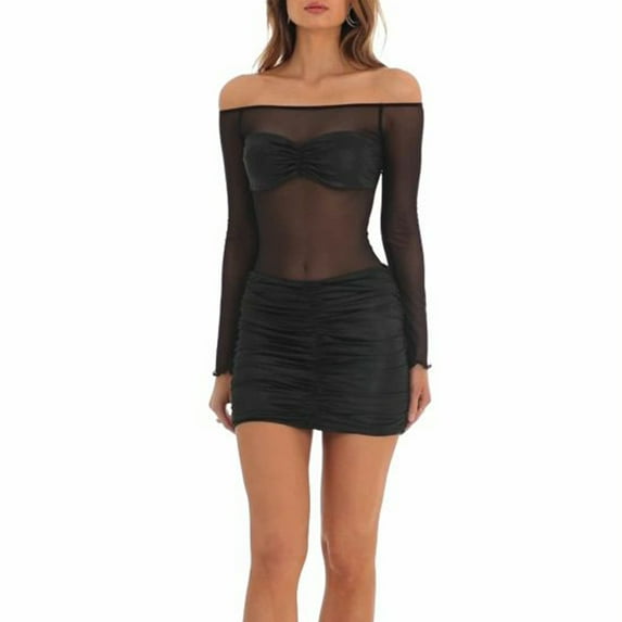 Women's Summer Strapless Dress Mesh Sheer Patchwork Strapless Long Sleeve Ruched Slim Mini Dress
