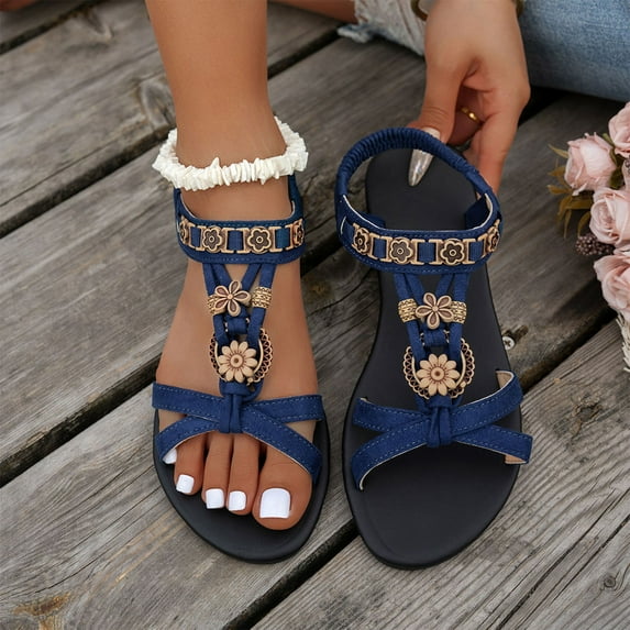 Women's Summer Strappy Flat Sandals, Adjustable Casual Fisherman Sandal with Open Toe Slingback Gladiator Sandals Blue 8