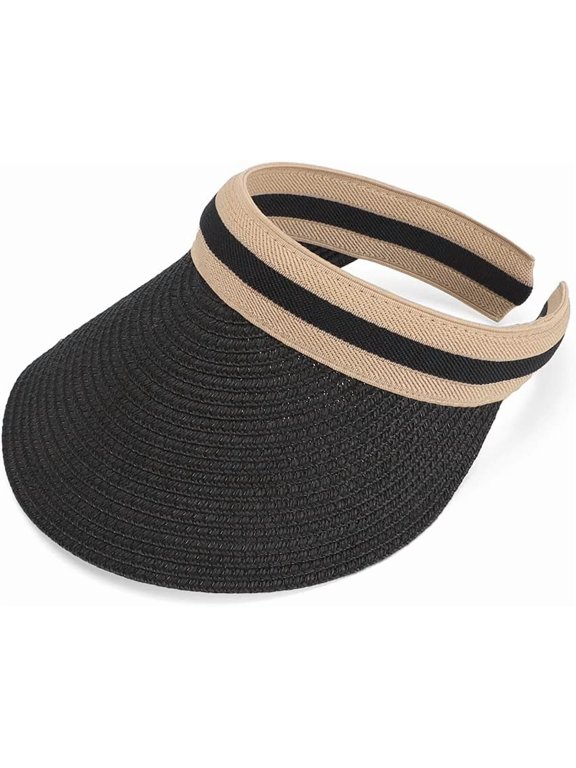 Women's Summer Straw Sun Visor Hat, Portable Beach Visor with Bowknot, Adjustable Head Circumference 54-60cm-black-onesize