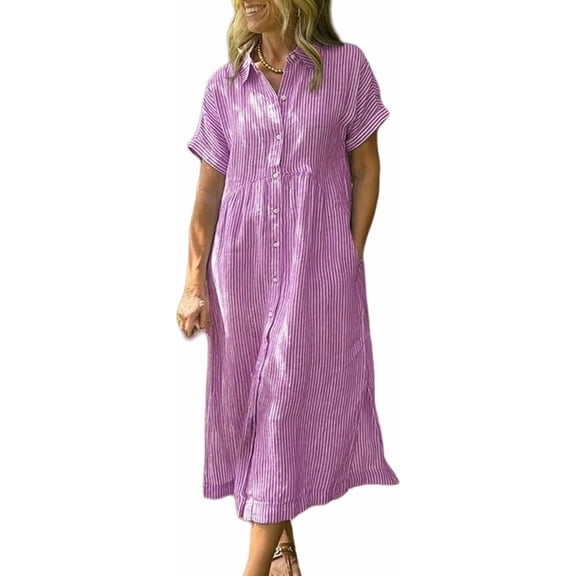 Women's Summer Striped Button-Up Shirt Dress - Mid Long, Loose Casual Style with Side Slit and Pockets, Lightweight Fabric for Daily Outdoor Wear