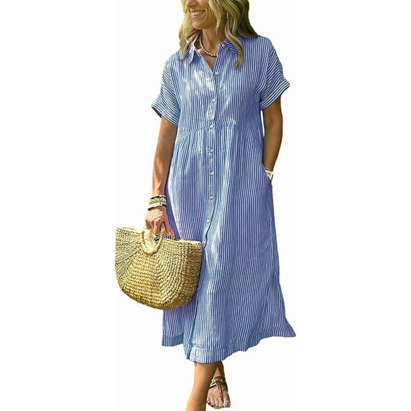 Women's Summer Striped Button-Up Shirt Dress - Mid Long, Loose Casual Style with Side Slit and Pockets, Lightweight Fabric for Daily Outdoor Wear