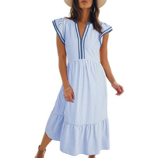 Women's Summer Striped Midi Sundress V-Neck Ruffle Cap Sleeve Empire Waist Tiered Dress with Side Pockets