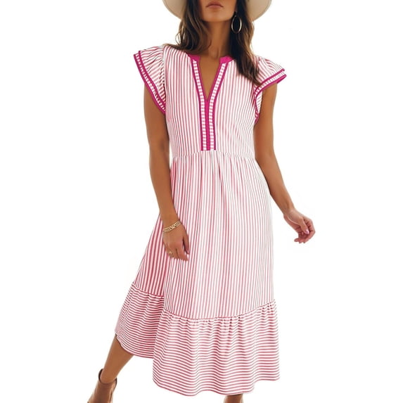 Women's Summer Striped Midi Sundress V-Neck Ruffle Cap Sleeve Empire Waist Tiered Dress with Side Pockets