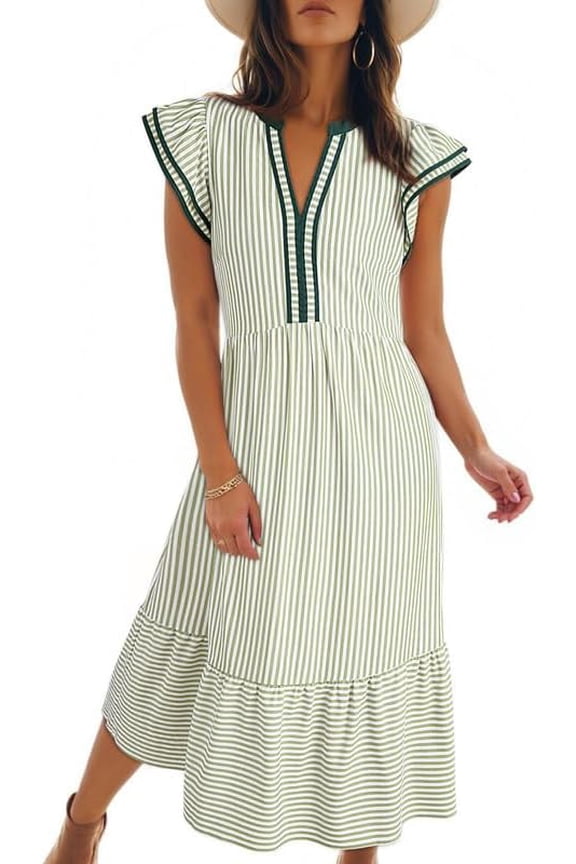 Women's Summer Striped Midi Sundress V-Neck Ruffle Cap Sleeve Empire Waist Tiered Dress with Side Pockets