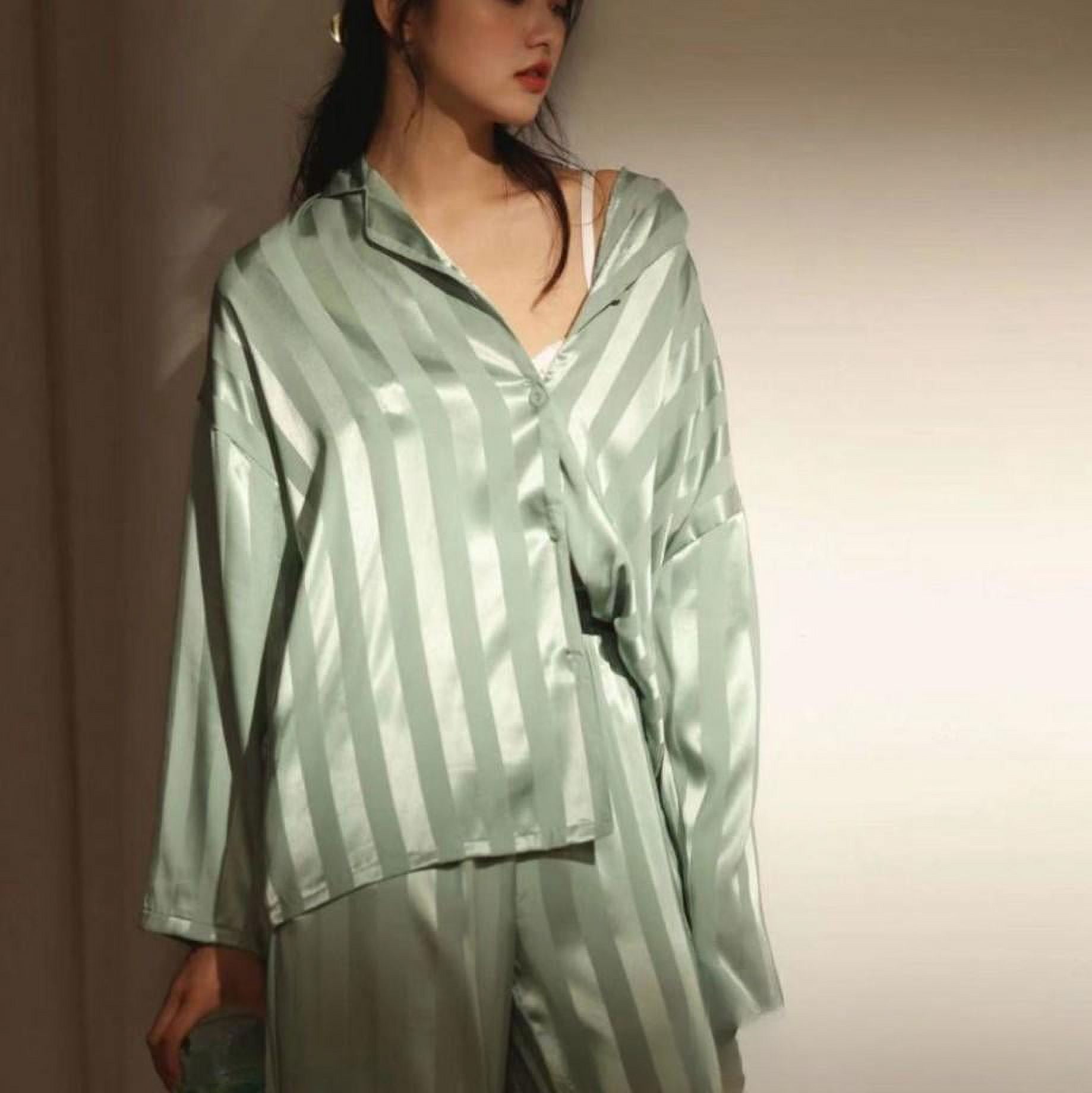 Women's Summer Striped Pajama Set Long Sleeve Top Trousers Silk Satin Home  Suit Spring Loose Casual Sleepwear Female Nightwear 
