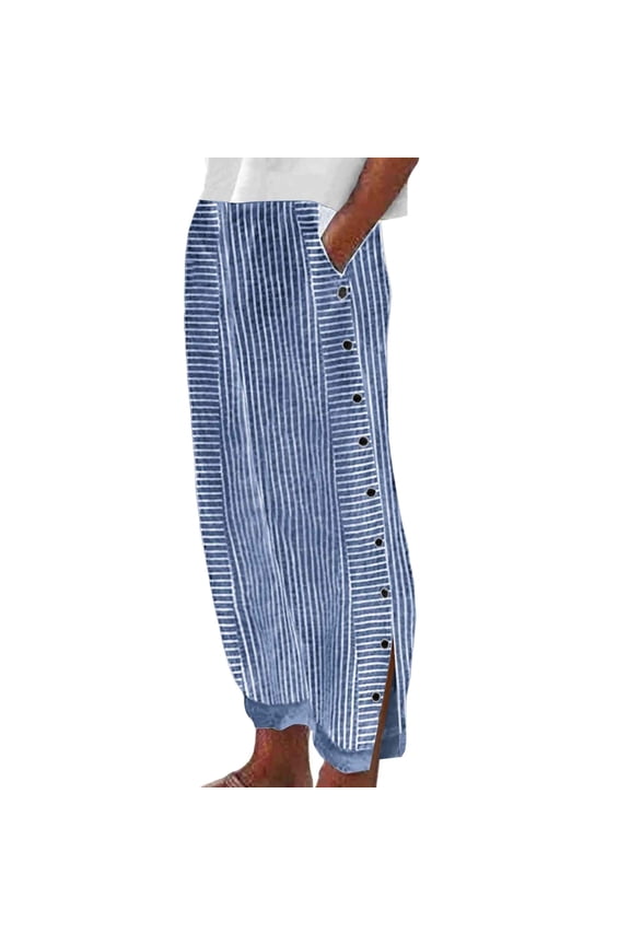 Women's Summer Striped Print Button Loose Long Pants - Rayon, Versatile for Multiple Occasions, Spring - Winter Wear, S - XXXL