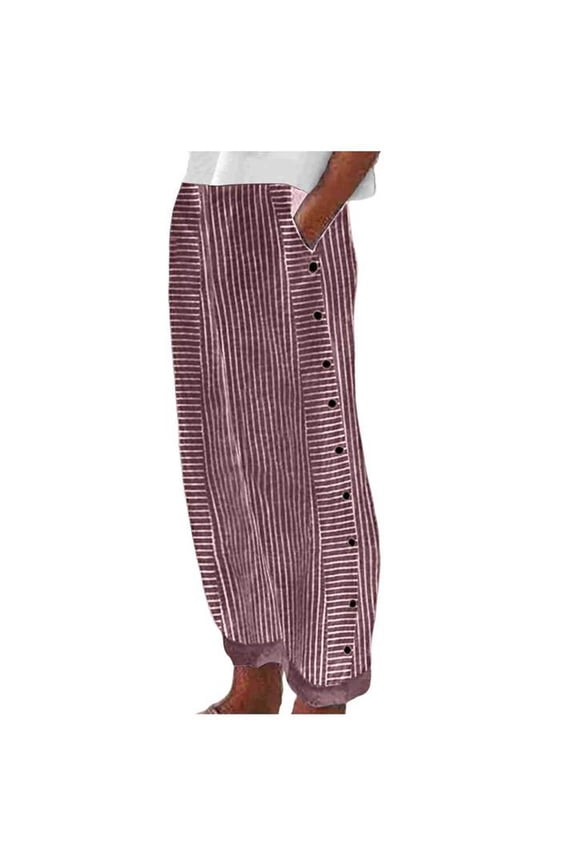 Women's Summer Striped Print Button Pants - 95% Polyester 5% Spandex, Bohemian Style, for Yoga/Beach, Multiple Sizes