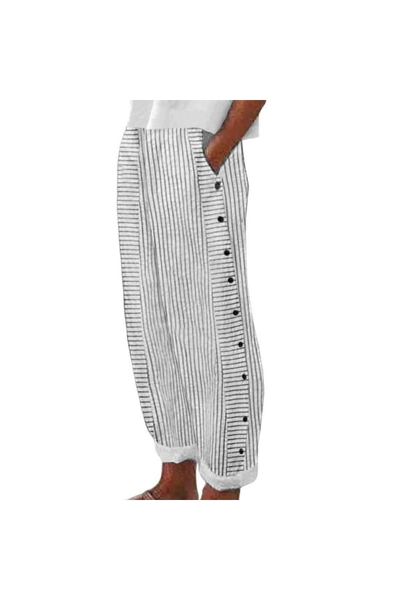 Women's Summer Striped Print Button Pants - Rayon Linen, Versatile, Loose Nine - Point, for Various Occasions
