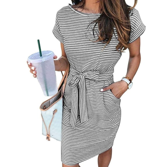Women's Summer Striped Short Sleeve T Shirt Dress Casual Tie Waist with Pockets