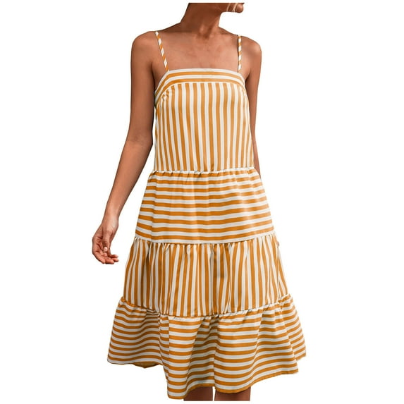 Women's Summer Striped Sling Dress Casual Sleeveless Spaghetti Straps Square Neck Beach Sundresses A Line Flowy Dress