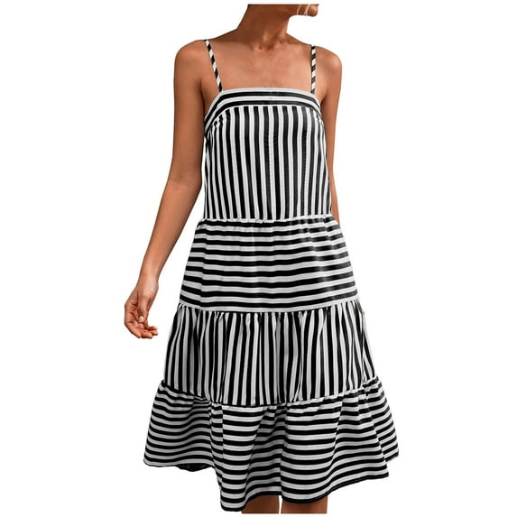 Women's Summer Striped Sling Dress Casual Sleeveless Spaghetti Straps Square Neck Beach Sundresses A Line Flowy Dress