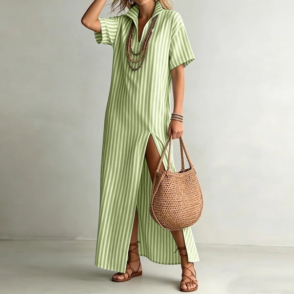 Women's Summer Striped Splited Maxi Casual Dress Short Sleeve V Neck Split Hem Boho Beach Vacation Dresses M