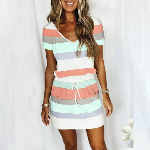 Women's Summer Striped T-Shirt Dress V Neck Short Sleeve Dress Casual Elastic Waist Belt Beach Dress Adjustable Mini Dresses with Pockets