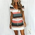 thumbnail image 1 of Women's Summer Striped T-Shirt Dress V Neck Short Sleeve Dress Casual Elastic Waist Belt Beach Dress Adjustable Mini Dresses with Pockets, 1 of 6