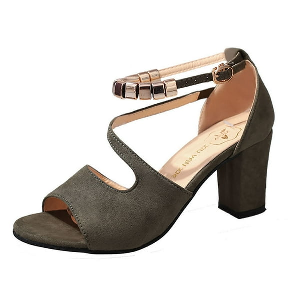 Women's Summer Suede Block Heel Sandals - T-Strap Roman High Heel Dress Shoes with Buckle Closure