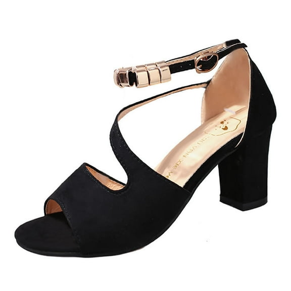 Women's Summer Suede Block Heel Sandals - T-Strap Roman High Heel Dress Shoes with Buckle Closure