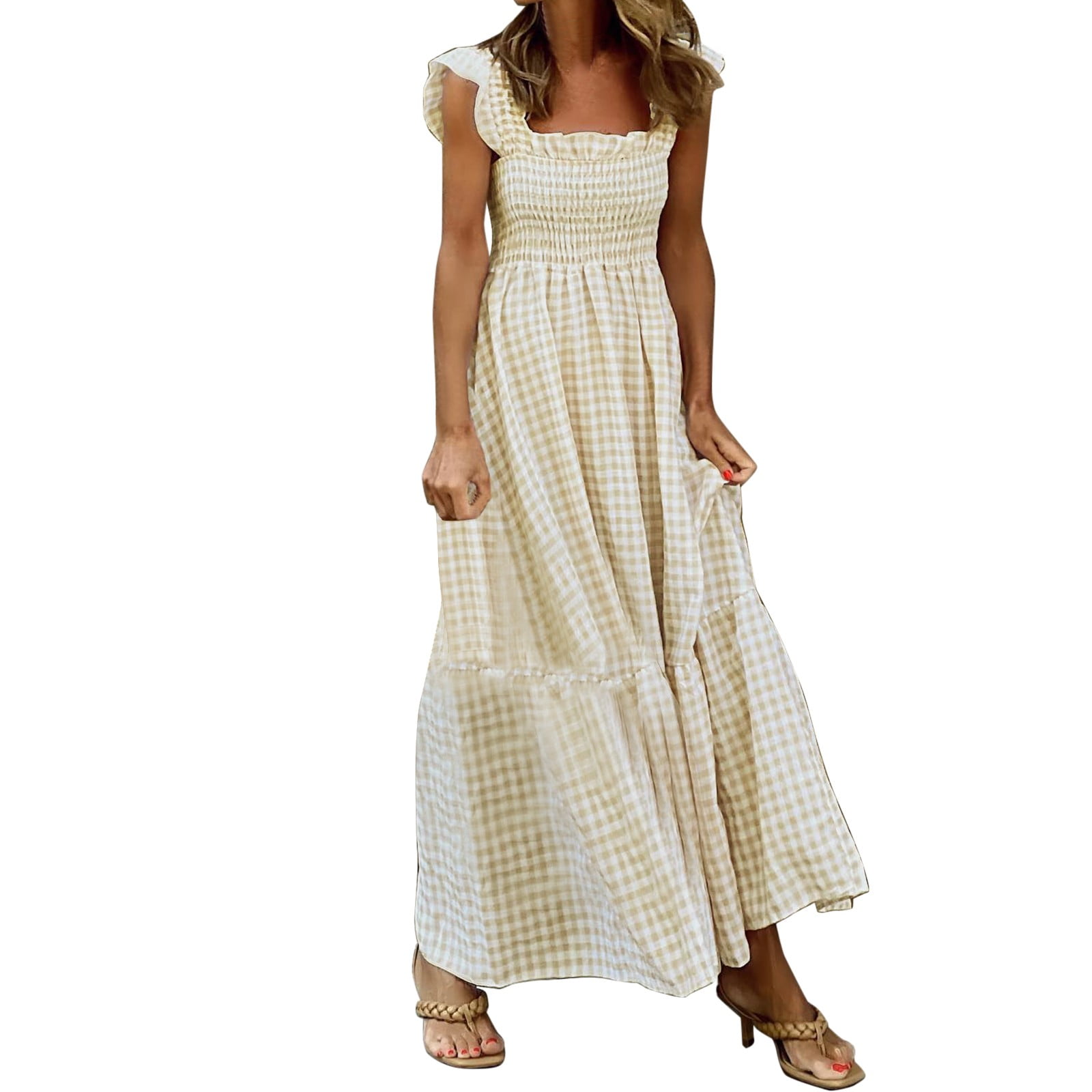 Summer Dress Sleeveless Crew Neck Smocked High Waist Flowy Tiered A ...