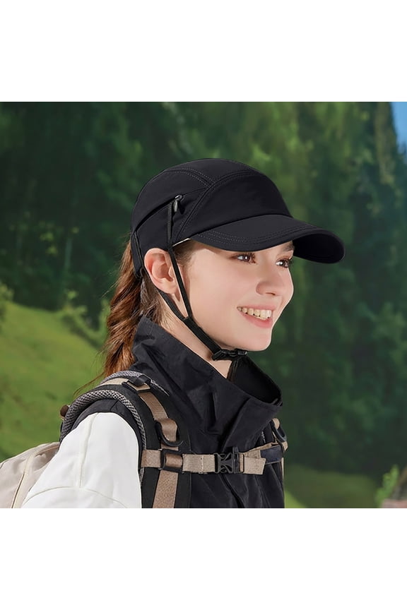 Women's Summer Sun Hat, Breathable Baseball Cap for Outdoor Hiking and Riding, Lightweight Sun Hat with Hidden Windproof Chin Strap, Surf Hat for Beach, Daily Wear Black